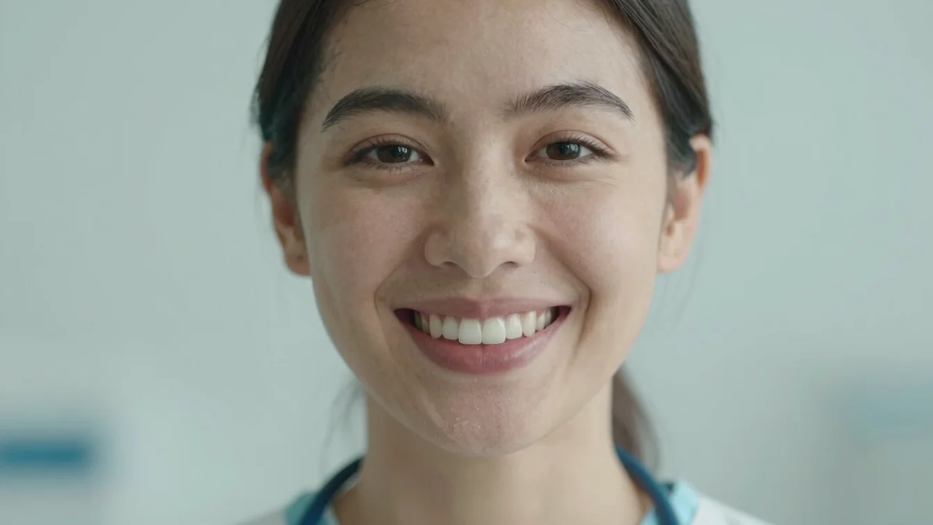 A person with a natural, bright smile, showing healthy teeth, soft bright daylight, calm muted teal tones, shallow depth