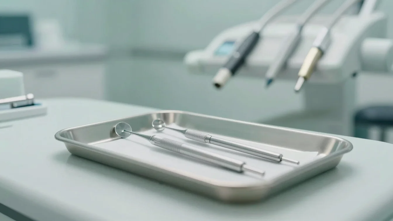 Hygienic dental equipment on a tray in a modern clinic, soft bright daylight, calm muted teal tones, shallow depth of fi