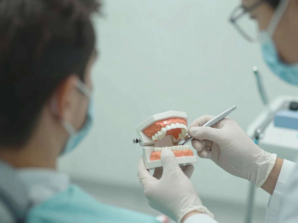 A close-up editorial shot of a dentist's hands explaining a dental model to a patient, soft bright daylight, calm muted