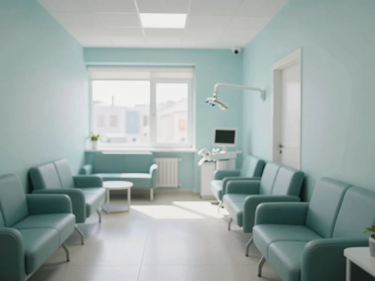 A bright, modern dental clinic waiting area with comfortable seating and natural light, calm muted teal tones, shallow d