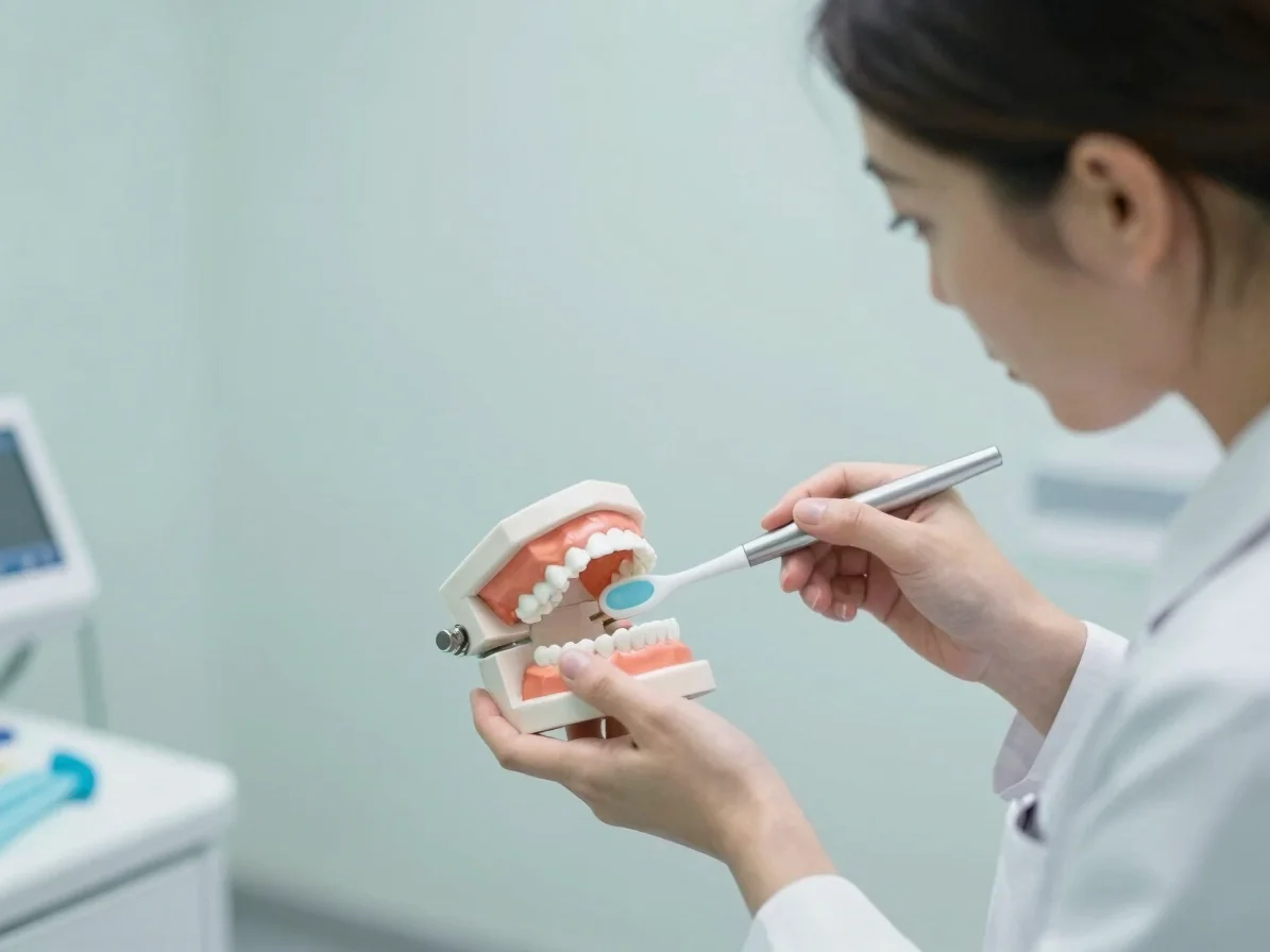A female dentist demonstrating proper brushing technique on a dental model, with a focus on her hands and the model, sof